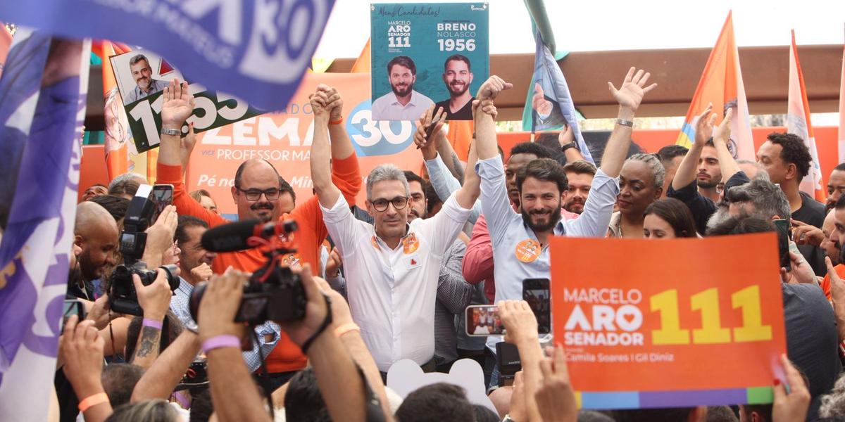 Mateus Simões, Romeu Zema e Marcelo Aro participam de lançamento oficial da campanha da coligação "Minas nos Trilhos" (Lucas Prates / Hoje em Dia)