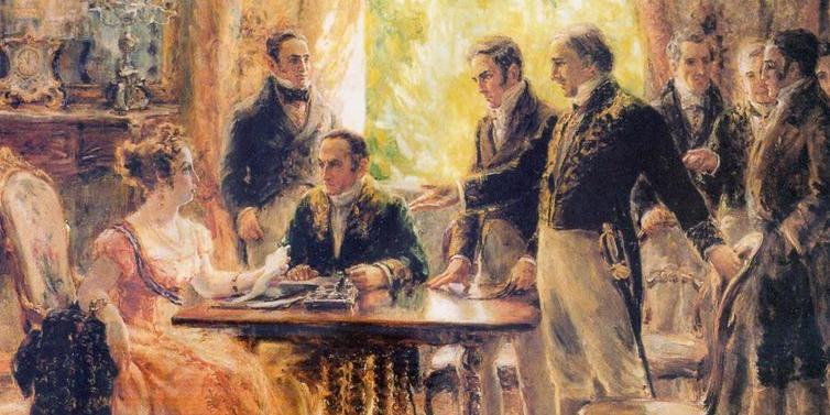 7 de Setembro - Retrato da sessão de 2 de setembro de 1822 do Conselho de Estado do Brasil, que precedeu a declaração da Independência do Brasil. (Georgina de Albuquerque, 1922 / Acervo da FBN)