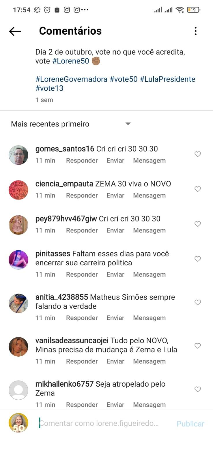 A conta na rede social Instagram da candidata ao Governo de Minas pelo PSOL, Lorene Figueiredo, sofreu um um ataque bot com comentários sobre o candidato Romeu Zema, que concorre à reeleição (Psol / Lorene Figueiredo / Divulgação)