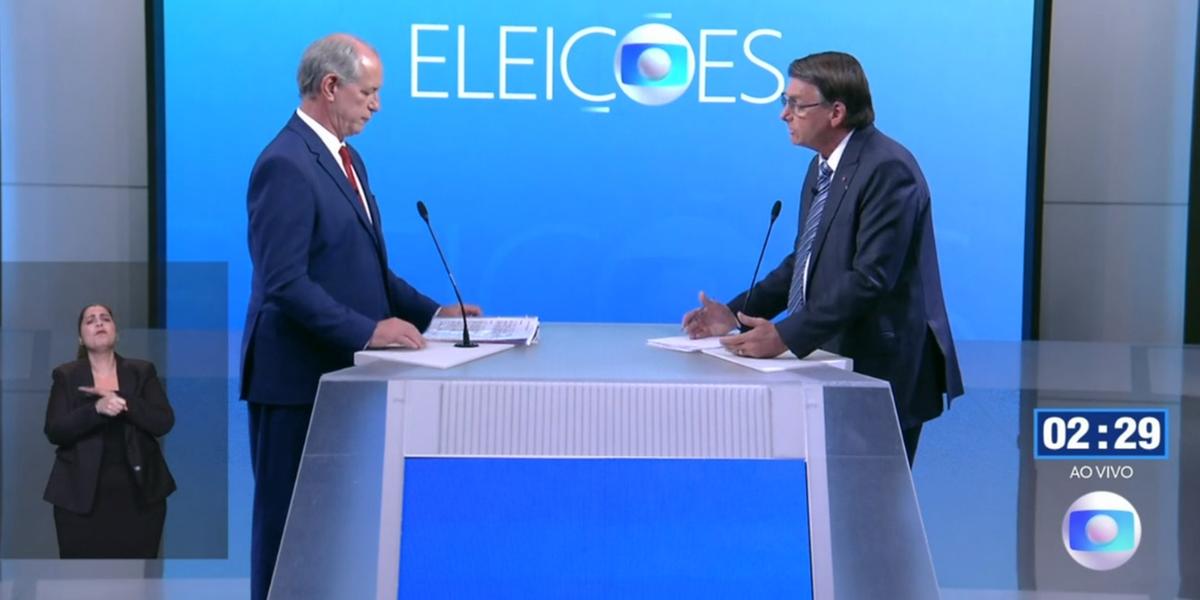 O presidenciável Ciro Gomes (PDT) e o presidente Bolsonaro (PL) que concorre à reeleição se enfrentaram numa discussão sobre corrupção (TV Globo / Reprodução)