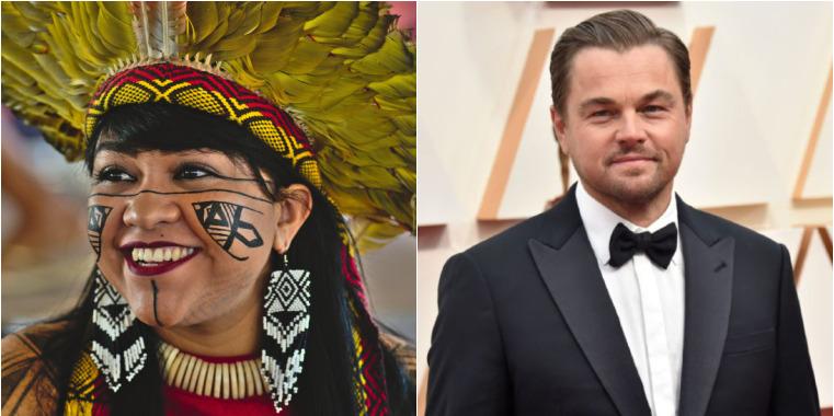 Célia Xakriabá foi parabenizada pelo ator e também ecologista Leonardo Dicaprio (Montagem/Divulgação Célia Xakriabá/Forbes)