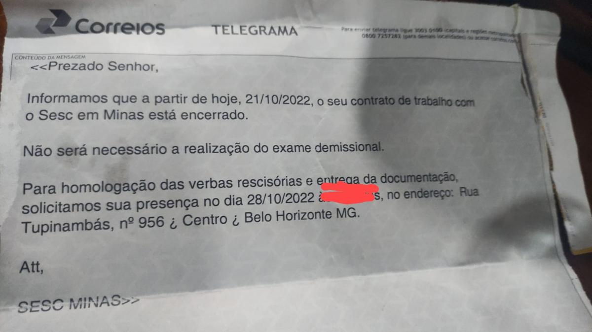 Telegrama que teria sido enviado aos funcionários demitidos do Sesc-MG (Arquivo Pessoal)