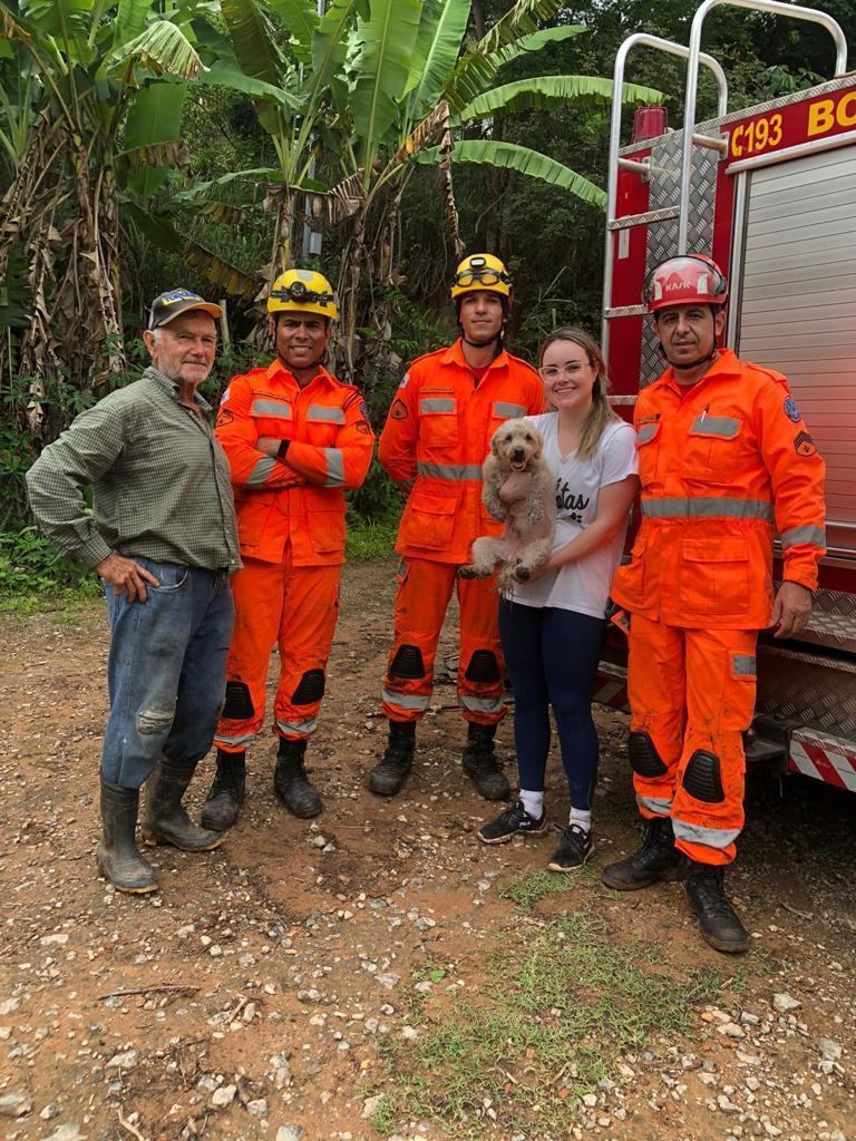 Bombeiros resgataram cãozinho que ficou preso numa pedreira em Coronel Fabriciano (Corpo de Bombeiros / Divulgação)