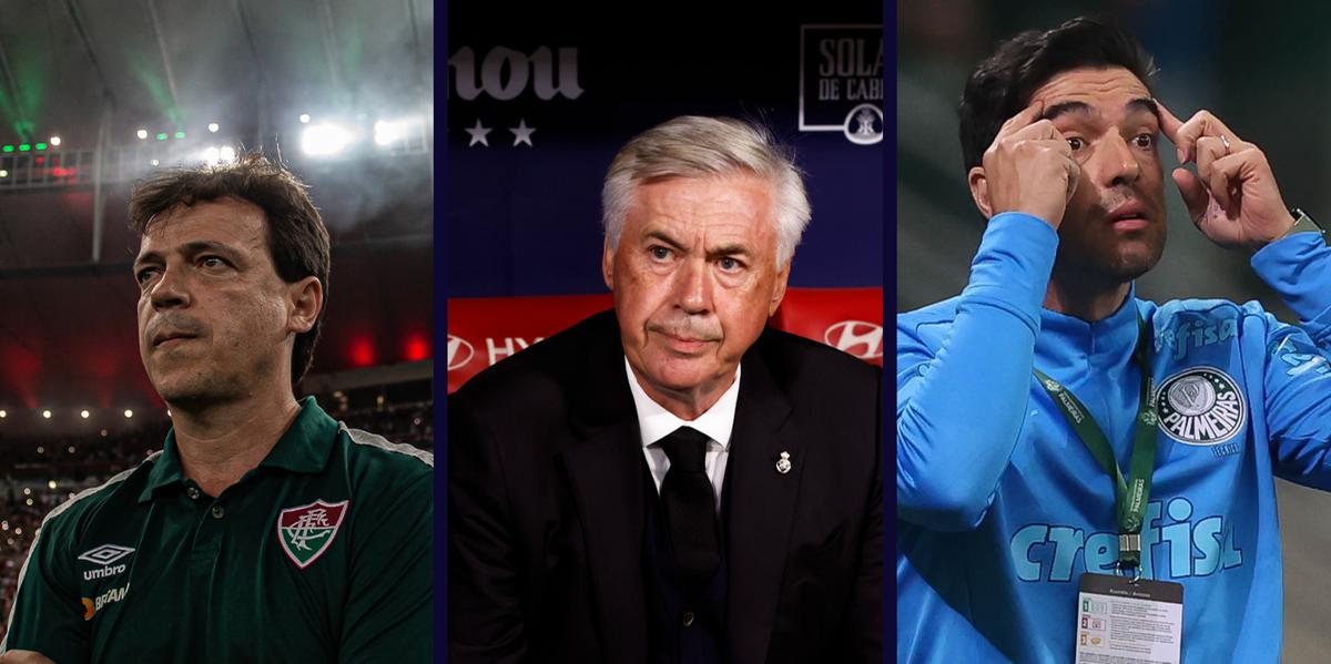 Fernando Diniz, Carlo Ancelotti e Abel Ferreira são os nomes mais cogitados (Marcelo Gonçalves/Fluminense - Divulgação/Real Madrid - Cesar Greco/Palmeiras)