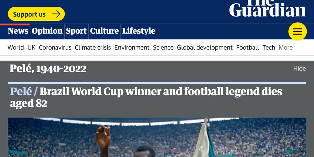 O jornal britânico The Guardian chama Pelé de 'lenda do futebol' (Theguardian.com / Reprodução)