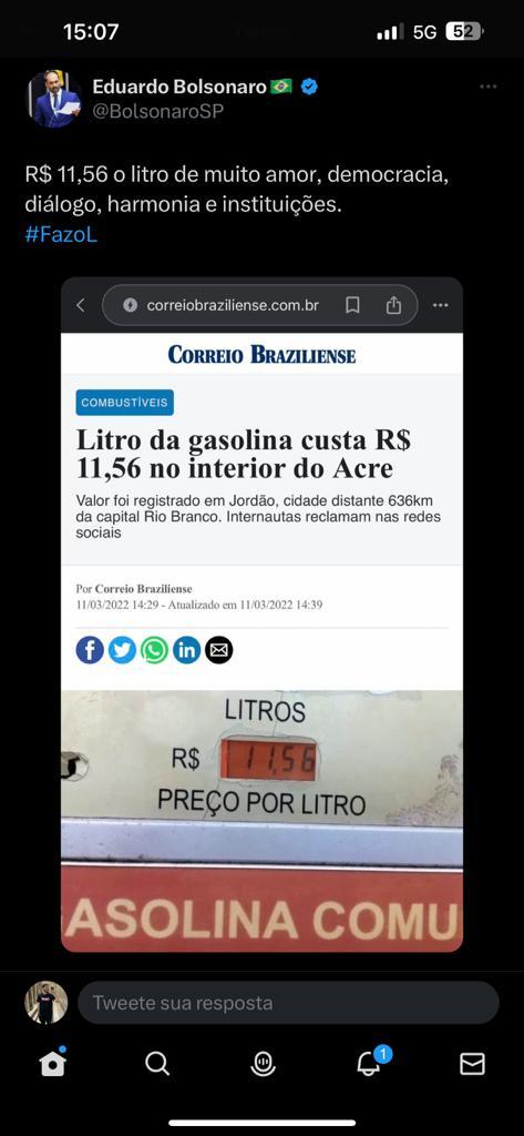 Eduardo critica gasolina a R$ 11,56 com texto da gestão Bolsonaro