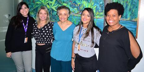 Equipe de pesquisadoras que mapeou o genoma do SARS-CoV-2. Da esquerda para a direita: Ingra Morales, Érica Manuli, Ester Sabino, Flávia Sales e Jaqueline Goes (Almir R. Ferreira/ SCAPI IMT)