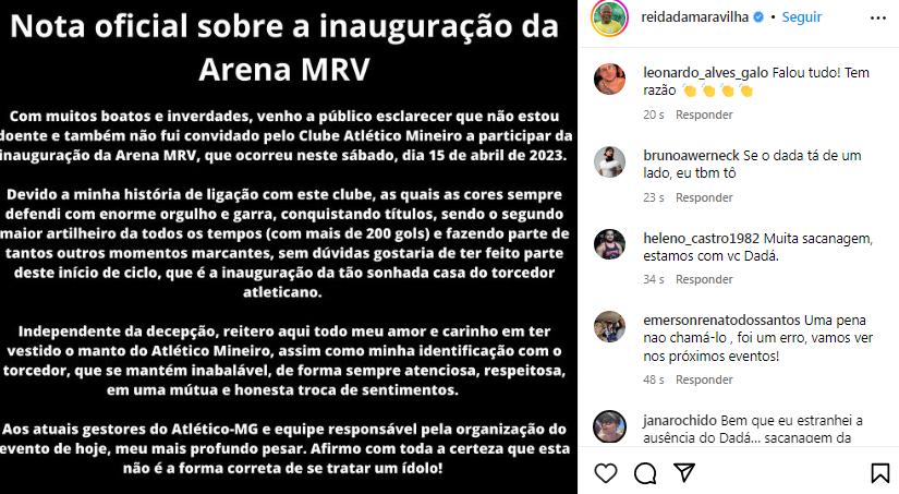 Dadá Maravilha detona organização e gestores do Atlético após não ser convidado para a inauguração da Arena MRV (Reprodução / Instagram Dadá Maravilha)