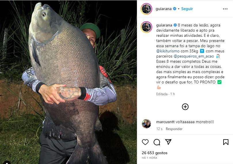 Postagem de Arana comemorando seu retorno aos gramados e a pesca (Reprodução)