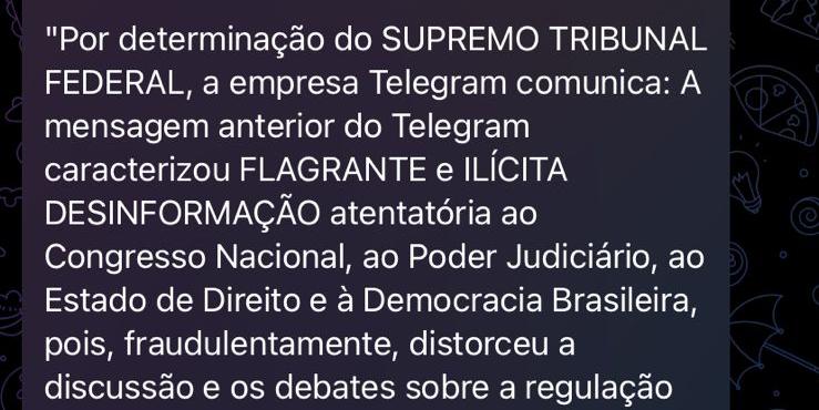 Telegram envia mensagem determinada pelo STF e apaga anterior (Reprodução/Telegram)