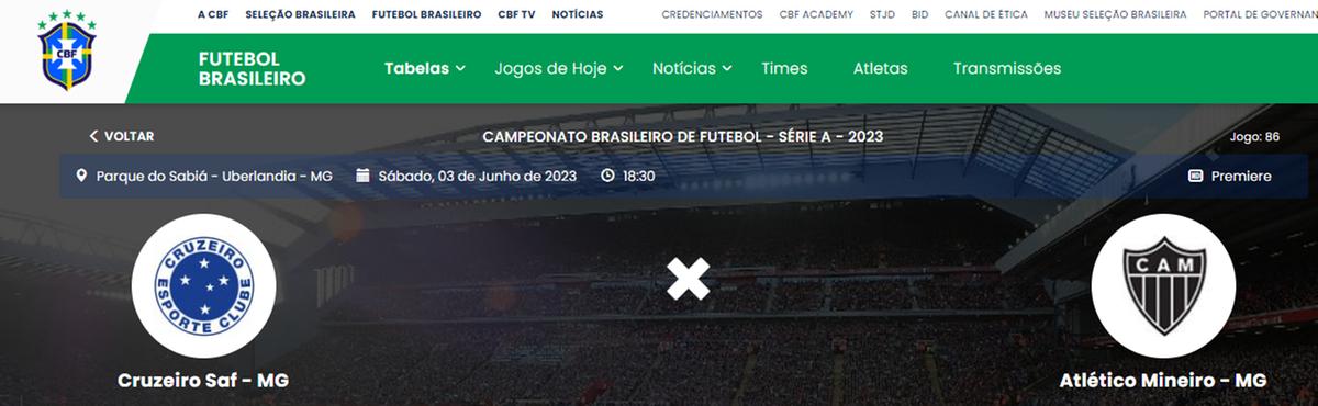 Site da CBF já coloca o Parque do Sabiá como local do clássico (Reprodução)