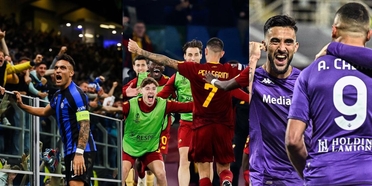 Inter de Milão (Champions), Roma (Liga Europa) e Fiorentina (Conference League) colocam a Itália em cada final da Europa na temporada (Divulgações/Redes Sociais)