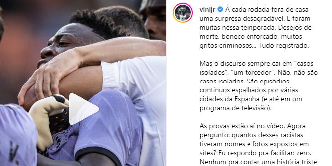 Desafeto de Vinicius Jr. faz postagem racista após eliminação do