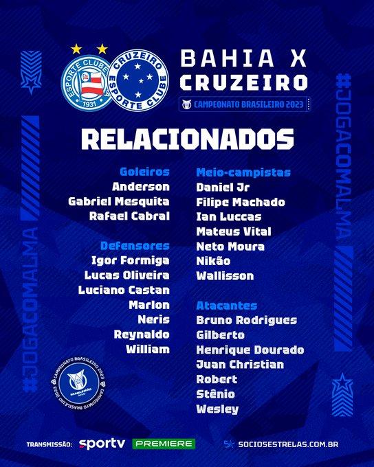 Cruzeiro divulga relacionados para jogo com Bahia pelo Brasileiro