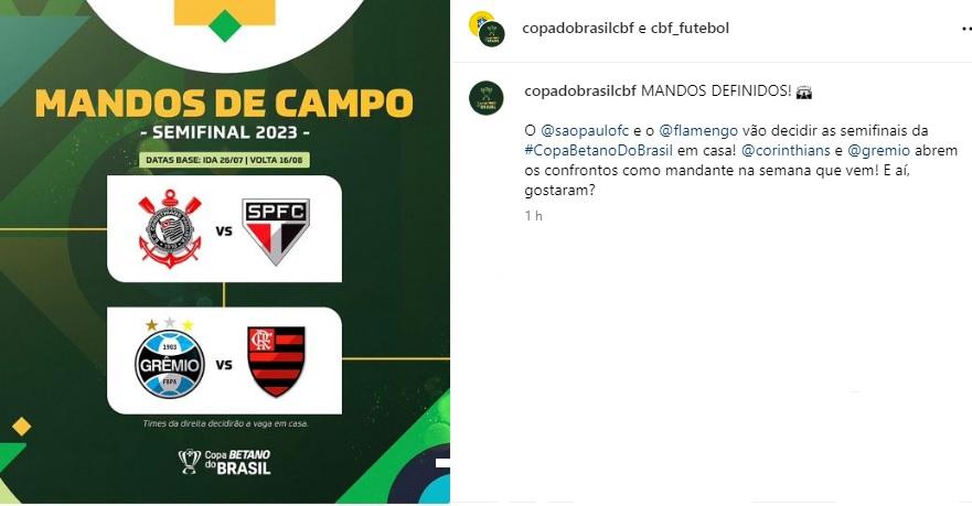 Sorteio Copa do Brasil defini jogos das semifinais (Reprodução / Instagram Copa do Brasil -CBF)