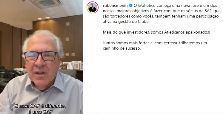 Rubens Menin usa as redes sociais para falar sobre a nova SAF do Atlético (Reprodução / Instagram Rubens Menin)