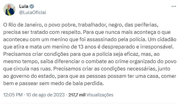 Presidente propõe ação conjunta da União e estados no combate ao crime (Reprodução Twitter Presidente Lula)