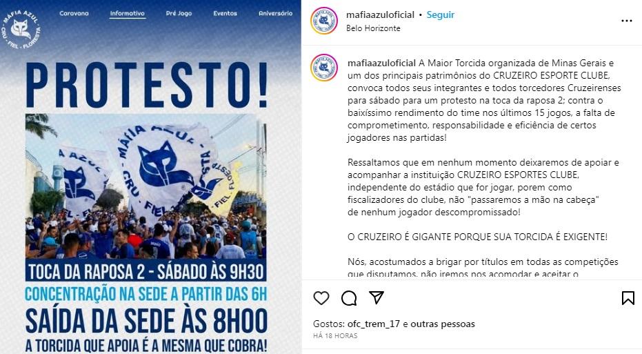 Máfia Azul convoca torcida para protestos na Toca II (Reprodução / Instagram Máfia Azul)