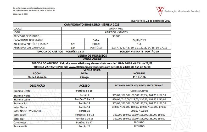 Ingressos para a estreia do Galo na Arena MRV (Divulgação)