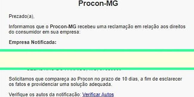 De acordo com o Procon-MG, há notícias também de que outros destinatários estão enviando a mesma mensagem falsa, que contém vírus (Divulgação / Procon-MG)