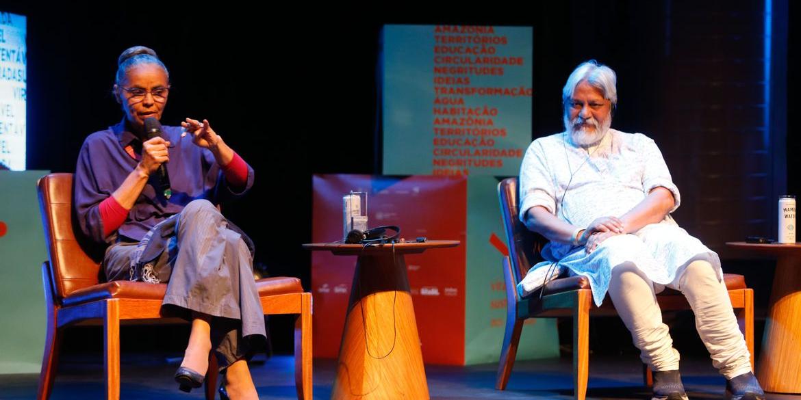 São Paulo SP 22/09/2023 . Ministra do Meio Ambiente, Marina Silva e Rajendra Singh , participam do Fórum Virada Sustentável, na Unibes Cultural, em São Paulo (Paulo Pinto / Agência Brasill)