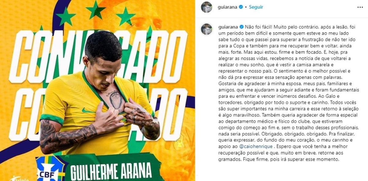 Arana usa as redes sociais para falar sobre a volta à Seleção Brasileira (Reprodução / Instagram Guilherme Arana)