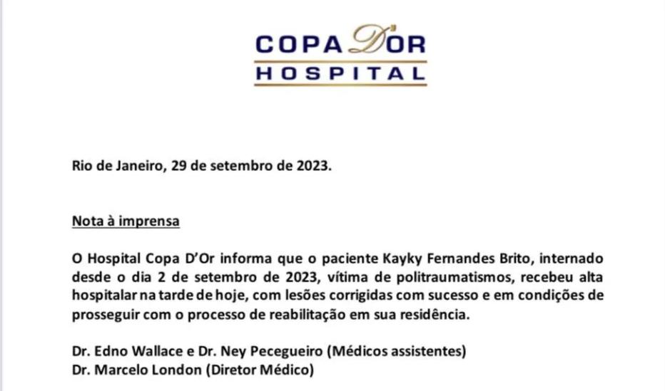 Boletim médico informando alta do ator Kayky Brito (reprodução / Hospital Copa D'Or)