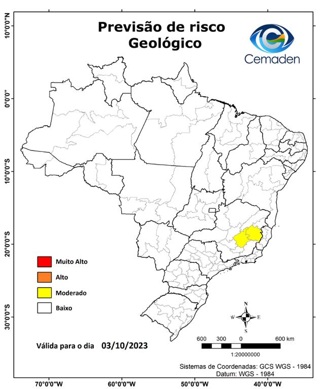 Este mapa é elaborado por uma equipe multidisciplinar, levando em consideração as condições dos cenários de riscos geológicos atuais somados à previsão de chuva. (Cemaden)