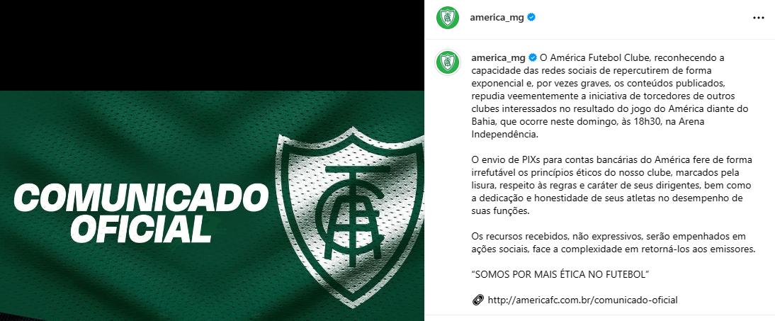 América emite nota sobre possível 'mala branca' (Reprodução / Instagram América)