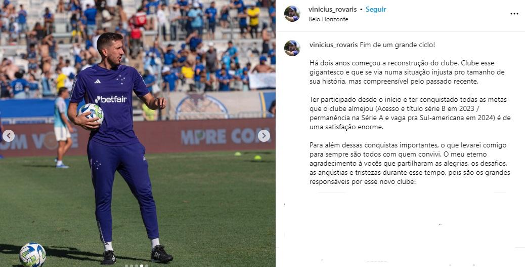 Auxiliar deixa o Cruzeiro após dois anos (Reprodução / Instagram Vinicius Rovaris)